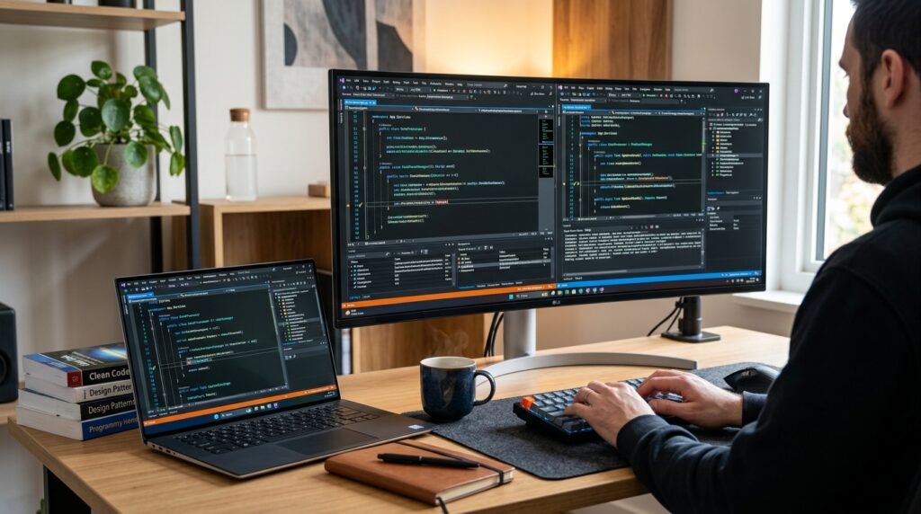 A modern, sleek workspace featuring the latest version of Visual Studio 2026 Professional displayed prominently on a high-resolution computer screen. The foreground showcases a clean, organized desk with a stylish laptop open to the Visual Studio interface, vibrant with colorful code syntax highlighting. In the middle, a sophisticated monitor shows a split view of coding and debugging tools, illuminated by soft, ambient lighting emphasizing the screen's details. The background features minimalist decor with a potted plant and a coffee cup, conveying a focused and professional atmosphere. The lighting is warm and inviting, creating a sense of productivity. Capture this scene from a slightly elevated angle to give depth and context to the workspace, making it relatable to developers. A modern, sleek workspace featuring the latest version of Visual Studio 2026 Professional displayed prominently on a high-resolution computer screen. The foreground showcases a clean, organized desk with a stylish laptop open to the Visual Studio interface, vibrant with colorful code syntax highlighting. In the middle, a sophisticated monitor shows a split view of coding and debugging tools, illuminated by soft, ambient lighting emphasizing the screen's details. The background features minimalist decor with a potted plant and a coffee cup, conveying a focused and professional atmosphere. The lighting is warm and inviting, creating a sense of productivity. Capture this scene from a slightly elevated angle to give depth and context to the workspace, making it relatable to developers.